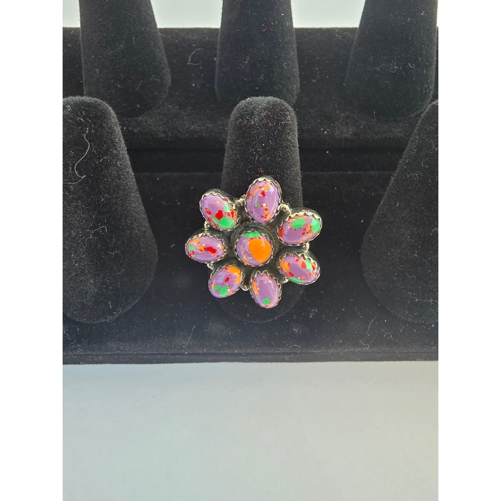 Purple Multi Color Composite Stone Flower Cluster Statement Ring Size 7.5